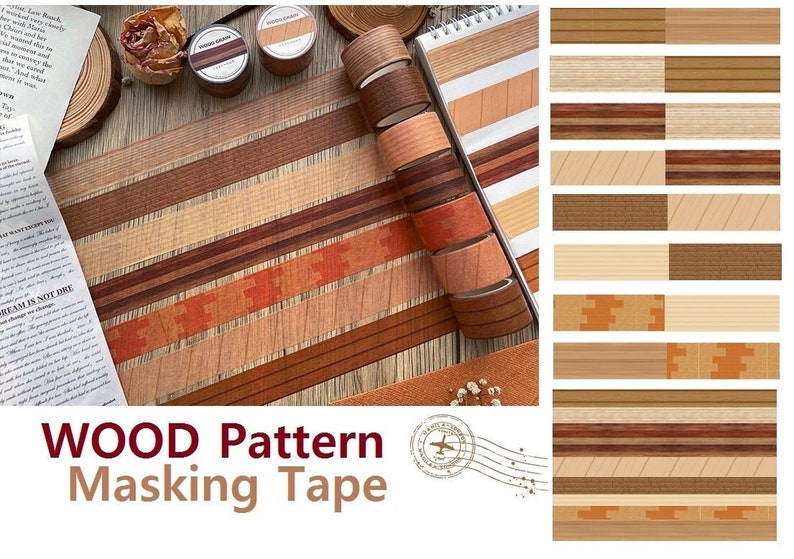Houten patroon washi tape 5M houten vloer textuur beige vloer kaki speelgoed huis klassieke houten vloeren houten muur poppenhuis decor sticker cadeau afbeelding 1