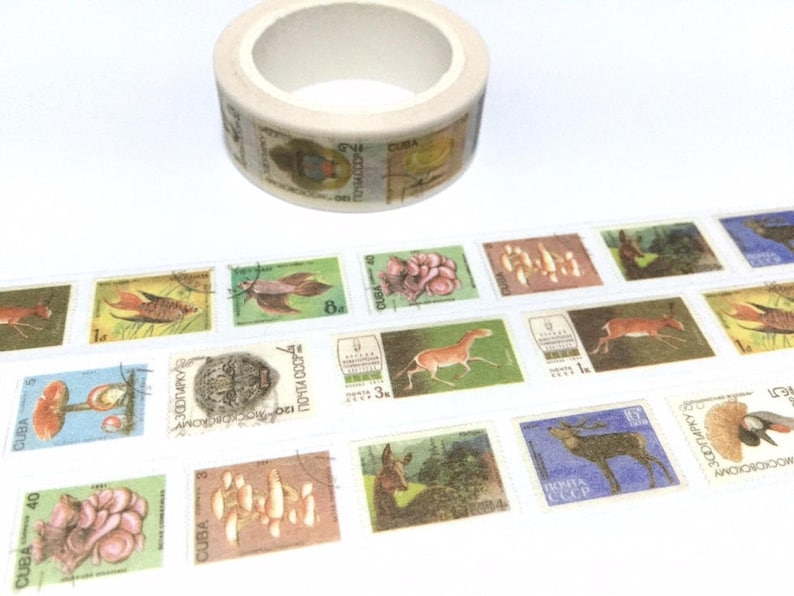 vintage stamp washi tape 8M x 1.5cm animal wild animal wild plant deer horse world postage stamp label sticker tape traveller gift idea image 1