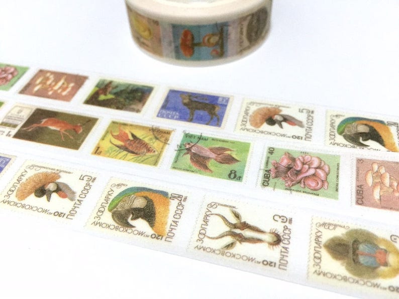 vintage stamp washi tape 8M x 1.5cm animal wild animal wild plant deer horse world postage stamp label sticker tape traveller gift idea image 4