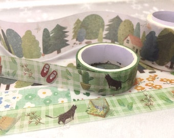 3 rolls Green forest Tree cat picnic time washi tape set rainforest tree camping Masking sticker tape green landscape planner diary decor