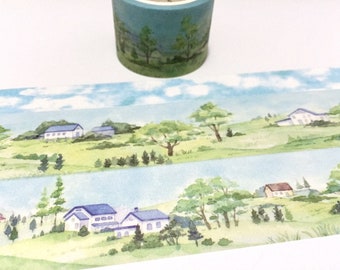 countryside village landscape washi tape 5M x 3cm green nature scenes wide tape Masking tape spring scenes green field blue house decor