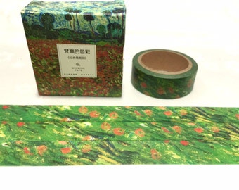 poppy veld washi tape 7M Van Gogh groen gras rode bloemenscène Washi masking tape impressionistische olieverf decor sticker tape cadeau