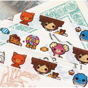 bande dessinée washi Masking tape mignon, 10M raton laveur chat petite fille candy nourriture dessin animé japonais belle deco animal ruban