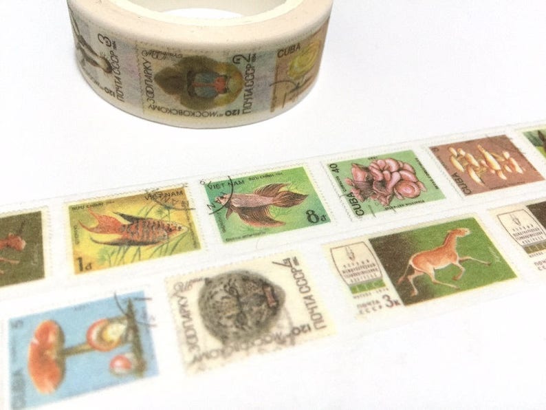 vintage stamp washi tape 8M x 1.5cm animal wild animal wild plant deer horse world postage stamp label sticker tape traveller gift idea image 3