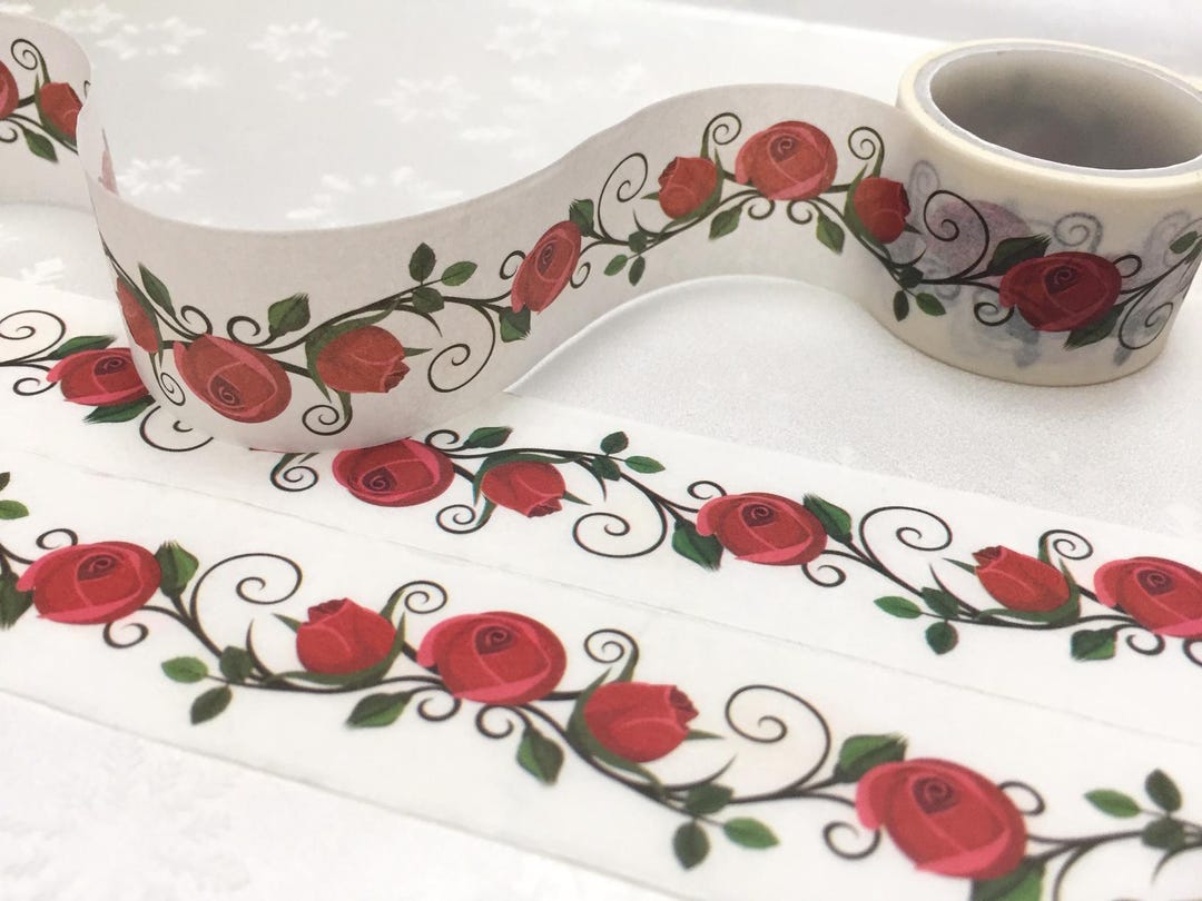 Red Rose Flower Washi Tape 2M X 2.5cm Rose Leaves Green Leaves Rose Blossom Roses Theme Masking ...