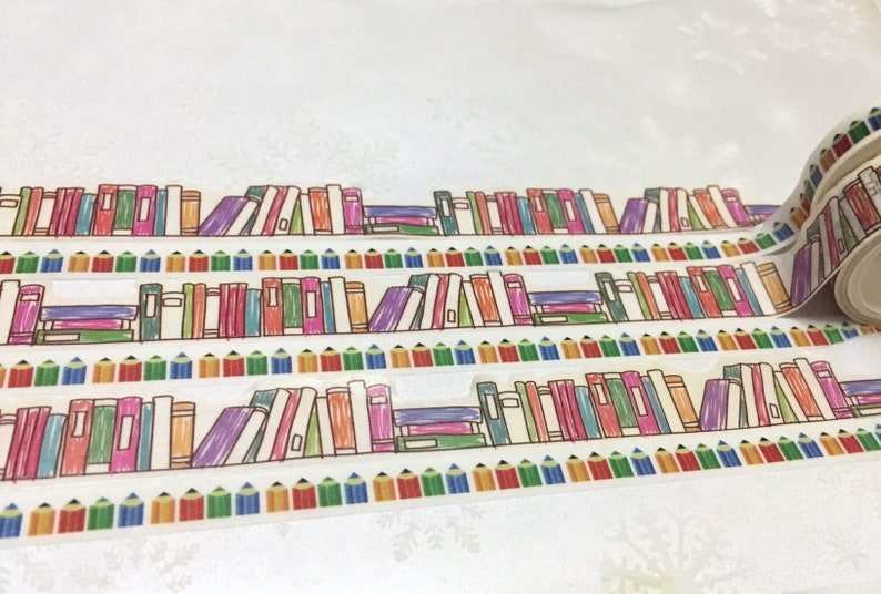 Bookshelf washi Masking tape 5M colorful books wood pencil deco masking tape Reading planner Library books scrapbook diary sticker gift image 4