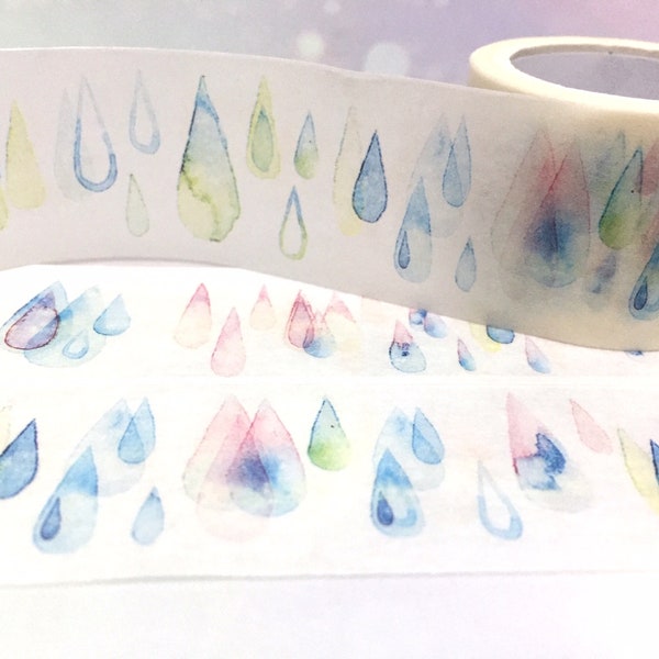 colorful Raindrops washi tape 5m x 3cm watercolor teardrops drops pattern wild Masking sticker tape rain drop rainbow tear drop shape decor