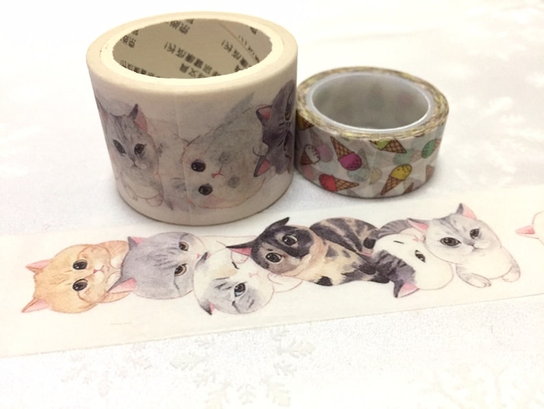 super süße Katzen gruppe washi masking tape 1 Rolle 5M x 3cm Katzen team wild tape lustiges Katzenkopf fat cat big eyes Katze Deko Katzen Planer Tagebuch Geschenk Bild 4