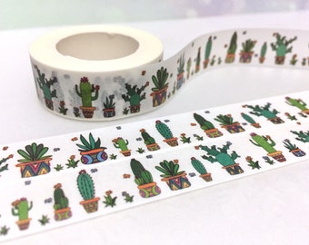 May include: A roll of white washi tape with a repeating pattern of colorful potted cacti. The tape is on a white surface.