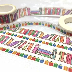 Bookshelf washi Masking tape 5M colorful books wood pencil deco masking tape Reading planner Library books scrapbook diary sticker gift image 2