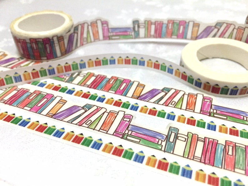 Bookshelf washi Masking tape 5M colorful books wood pencil deco masking tape Reading planner Library books scrapbook diary sticker gift image 2