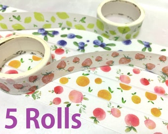 5 Rolls healthy fruit washi tape set blueberry peach orange lemon strawberry mixed fruits tropical fruit party decor sticker gift tape