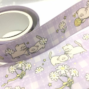 cute Cat white flower washi tape 3M Catgora cat yarn purple gingham kawaii cartoon cat decor cat planner masking sticker cat diary gift