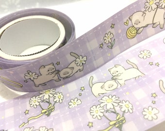 cute Cat white flower washi tape 3M Catgora cat yarn purple gingham kawaii cartoon cat decor cat planner masking sticker cat diary gift