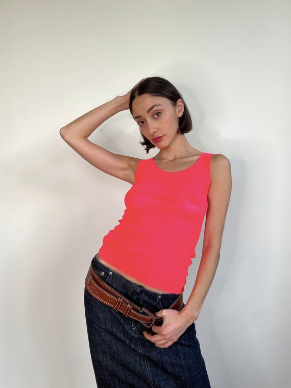 90s Jean Paul Gaultier Sheer Neon Pink Mesh Tank … - image 1