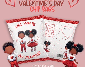 African American Valentines, Valentines Chip bag, Printable Chip bag, Printable Valentines, Valentines Party Favors, Digital Download