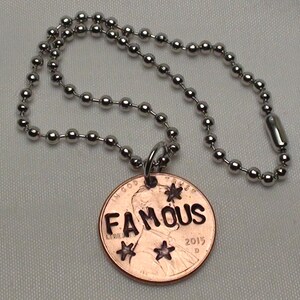 Lucky Penny Bracelet stamped &quot;FAMOUS&quot; lucky penny, good luck charm, stars, bracelet, jewelry for teens, unique gifts, gifts with coins, cute
