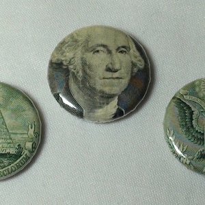 billete de un dólar PINBACK botones, botones de pinback de reales un dólar proyecto de ley 1 pulgada, illuminati, ojo Ver todos, George Washington, ojo de la Providencia