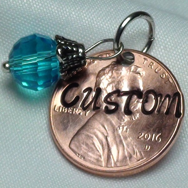 Lucky Penny Charm stamped NAME of choice with Crystal Blue Disco Ball Charm all on ring, lucky penny, jewelry, bracelet charms, personalized