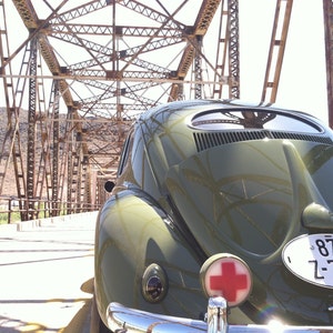 Photograph of Volkswagen Beetle on bridge, old car photo, VW photography, vintage car, hot rod, classic car, VW bug, medical, amazing places