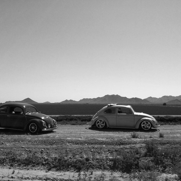 black and white Photograph of Volkswagen Beetles, vw photography, VW bug, cars, vintage Volkswagens, hot rod, Arizona desert, dirt roads, vw