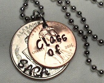 Personalized Graduation Gift, Custom Stamped Lucky Penny and State Quarter of Choice Necklace ready to wear, Class of 2016, Grad Gifts