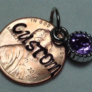 Lucky Penny Charm stamped NAME of choice with Round Light Purple Bead on ring, lucky penny, custom jewelry, birthstones, personalized charms
