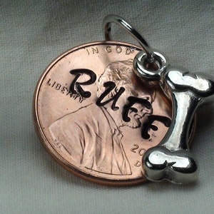 Lucky Penny Charm, penny stamped RUFF in center with DOG BONE charm and ring ready to wear, lucky penny, jewelry supplies, dog, coin charms