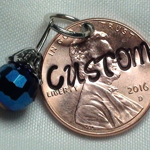 Lucky Penny Charm stamped NAME of choice with Royal Blue Disco Ball Charm all on ring, lucky pennies, jewelry, bracelet charms, personalized