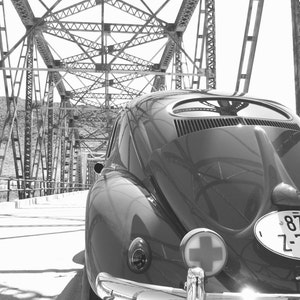 black and white Photograph of Volkswagen Beetle on bridge, VW photography, vintage car, hot rod, classic car, VW bug, medical, amazing place