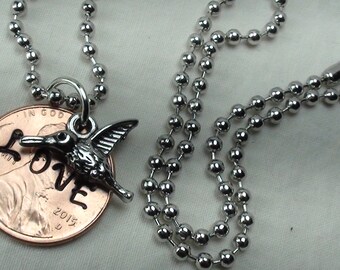 Lucky Penny Necklace stamped &quot;LOVE&quot; with hummingbird charm, lucky penny, good luck charm, love birds, necklace, coin jewelry, unique gifts