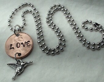 Lucky Penny Necklace stamped &quot;LOVE&quot; with hummingbird charm, lucky penny, good luck charm, birds, necklace, jewelry with coins, unique gifts