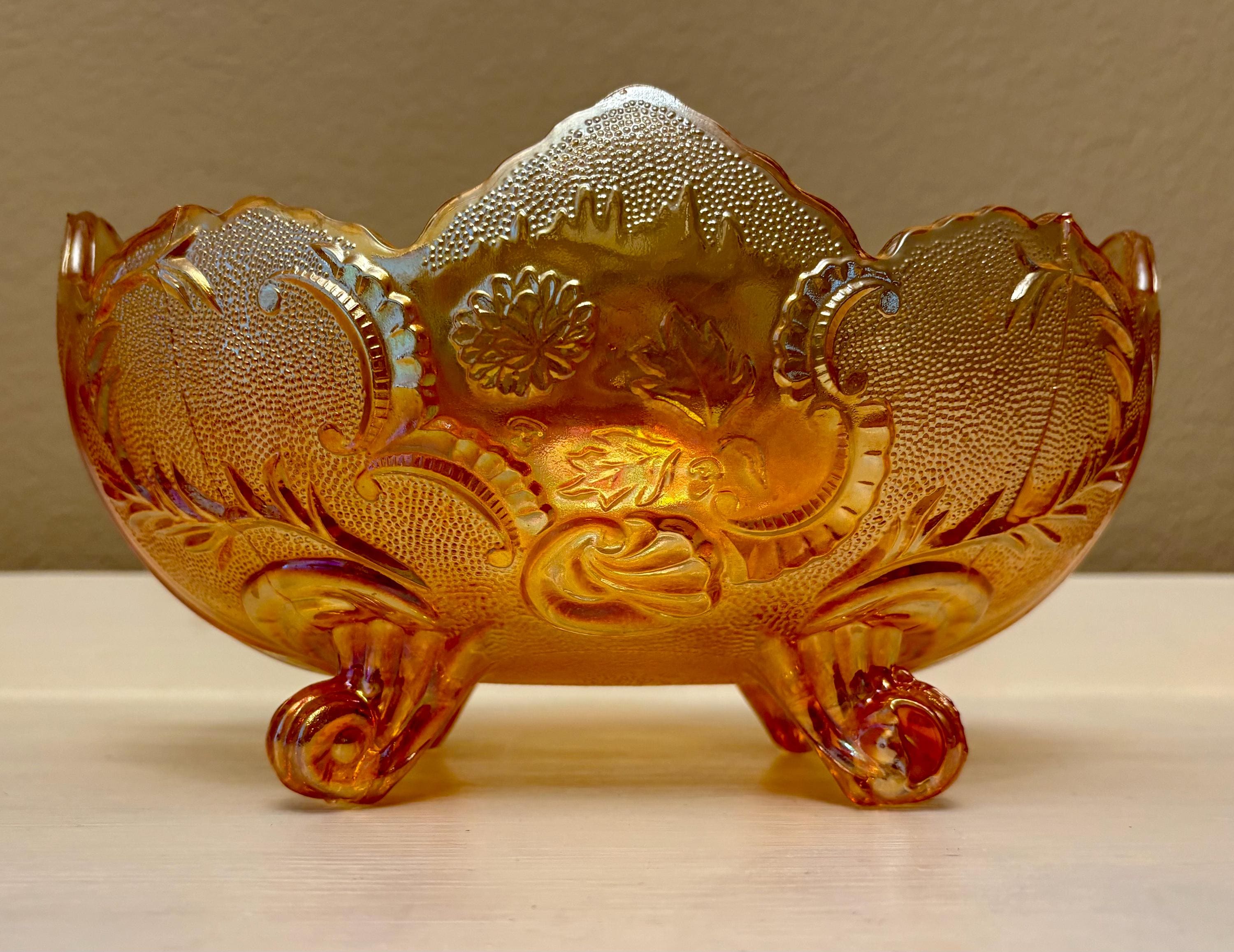 アンティーク カーニバル ガラス ボウル フルーツ ボウル オレンジ 花