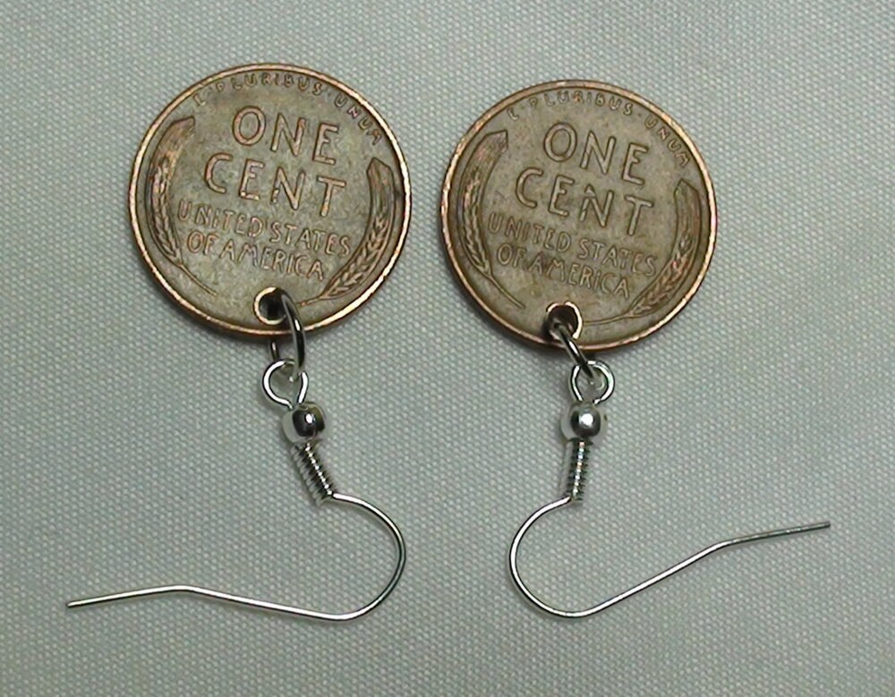 Orecchini Ciondolo Moneta Penny Grano 1 Centesimo USA Con Ganci In Argento 0.925