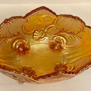 Vintage Carnival Glass Footed Fruit Bowl Iridescent Orange, Antique glass, fruit bowl, unique bowls, orange glass, vintage dishes, antiques