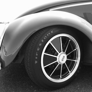Black and White PHOTOGRAPH of VW BEETLE front tire, vw, Volkswagen, vw photography, Firestone, vw show car, cars, custom car photos, unique
