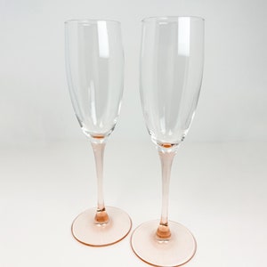 Set of 2 vintage 80s pink stem champagne flutes by Luminarc - romantic, love, unique, gift, france, european, baby pink