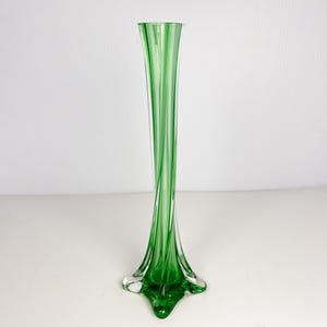 Vintage MCM emerald green art glass bud vase - twisted glass, footed