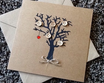 Birthday card - anniversary card- ruby wedding -wedding card -handmade card - greetings card-heart -tree card - button tree - kraft