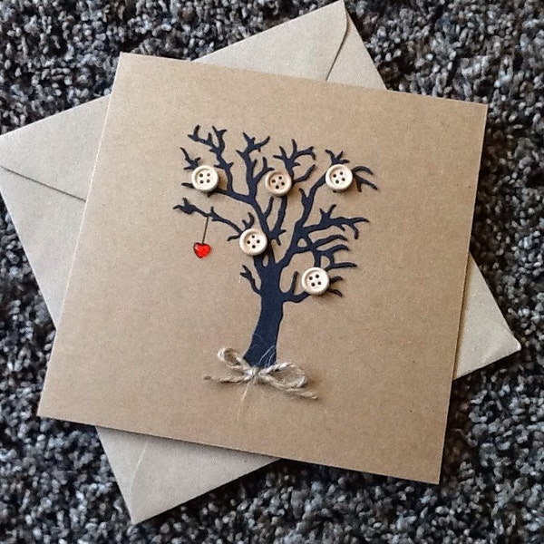 Birthday card - anniversary card- ruby wedding -wedding card -handmade card - greetings card-heart -tree card - button tree - kraft