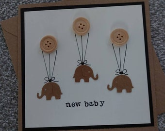 New baby card -baby shower-baby congratulations-baby birth annoucement -buttons-elephant -kraft card
