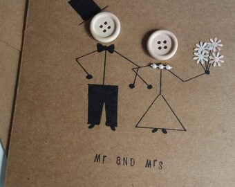 Wedding card - mr and mrs- marriage - wedding day- greetings card - kraft- buttons - bride -groom