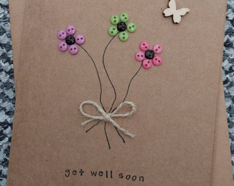 Get well card -handmade card- operation - sickness- recovery - button flowers- hand drawn - stamped