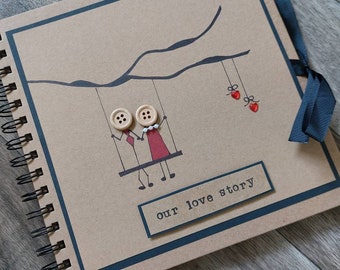 Photo album - scrapbook- memory book-anniversary-love - wedding-engagement gift - valentines -hand decorated- button- stickmen