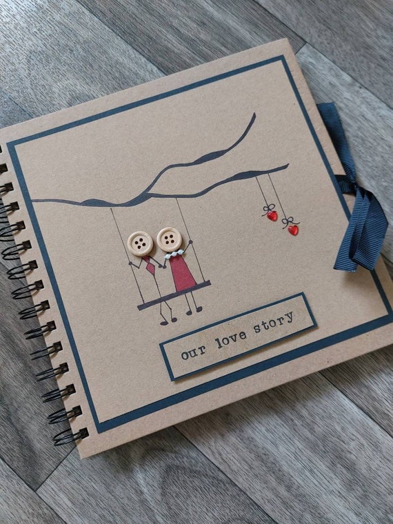 Photo album scrapbook- memory book-anniversary-love Valentine  wedding-engagement gift -hand decorated- button- stickmen