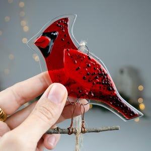 Red Cardinal Fused Glass Ornament – Christmas Bird Decoration, Handmade Holiday Gift, Winter Window Hanging, Cardinal couple image 1