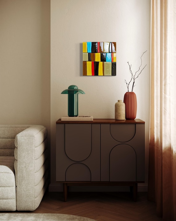 Abstract Fused Glass Wall Art, Geometric Glass Panel, Modern Wall Decor, Color Block Artwork, Mid Century Style Art