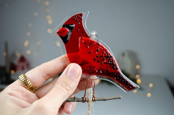 Red Cardinal Fused Glass Ornament – Christmas Bird Decoration, Handmade Holiday Gift, Winter Window Hanging, Cardinal couple