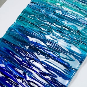 Modern Fused Glass Ocean Wall Art – Blue Coastal Vertical Glass Panel – 3D Textured Wave Sculpture – Contemporary Beach House Decor image 11