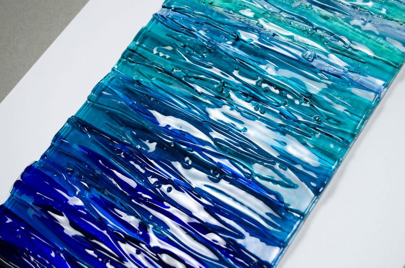 Modern Fused Glass Ocean Wall Art – Blue Coastal Vertical Glass Panel – 3D Textured Wave Sculpture – Contemporary Beach House Decor image 11